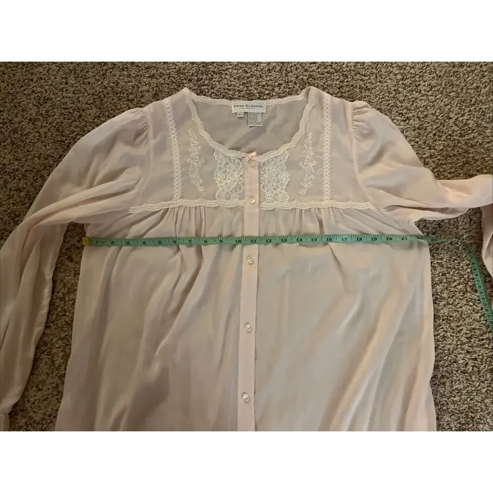 Vintage 80s Miss Elaine Sheer Long Sleeve Button Down Robe Pink Pockets Size L‎